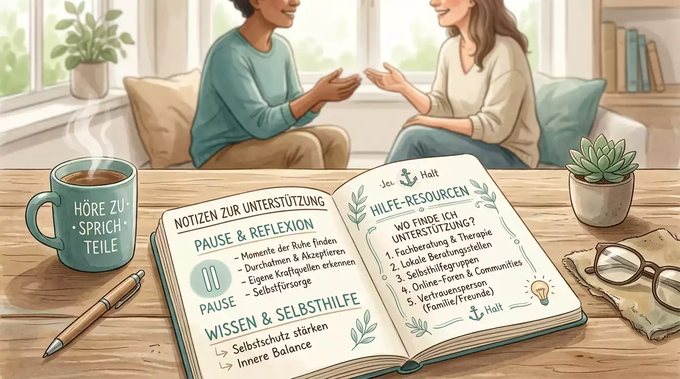 Ruhige Hilfesituation mit Notizen, Sperre und Beratungsangeboten