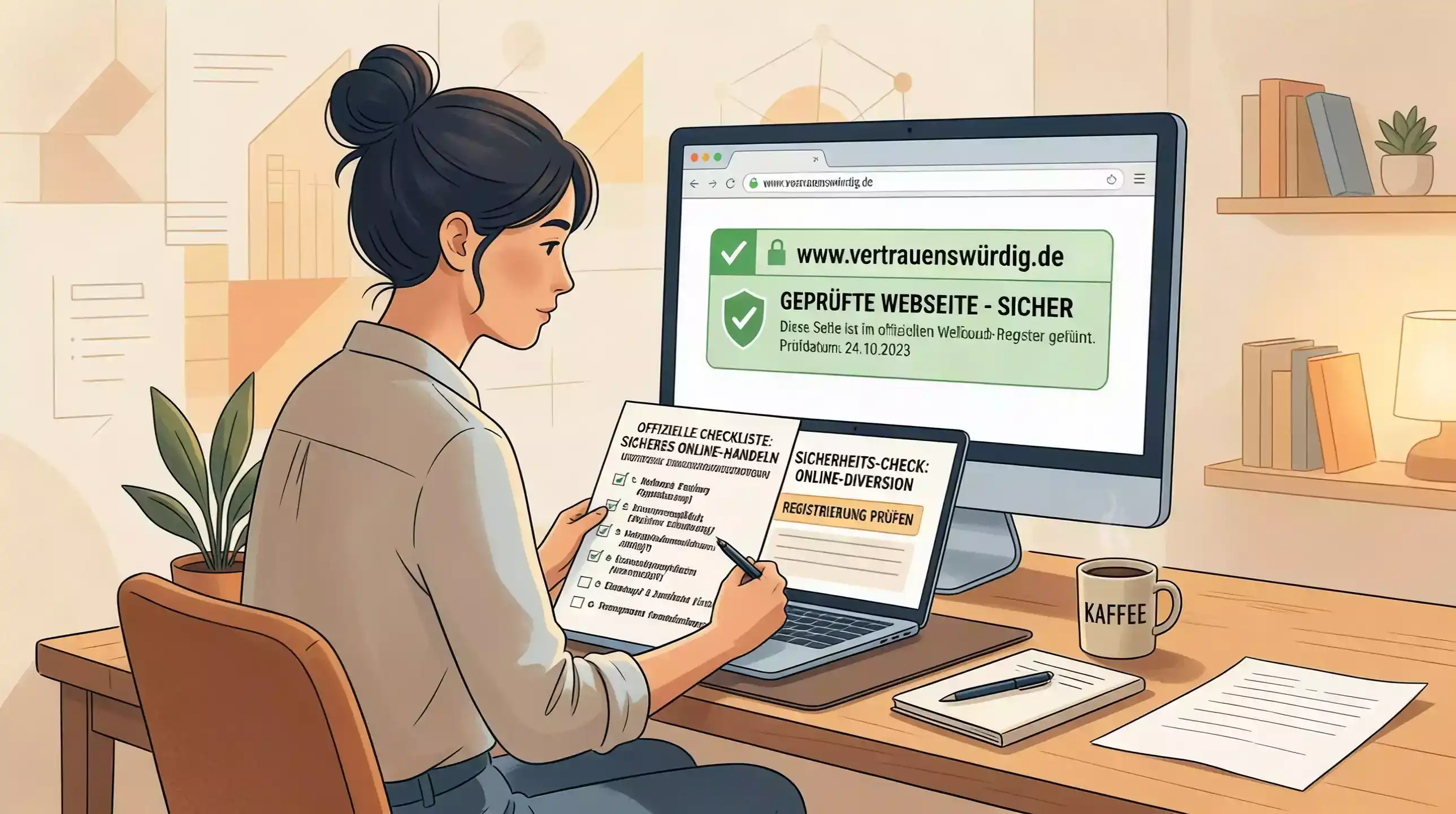 Ruhige Prüfung eines Online-Angebots mit amtlichen Hinweisen