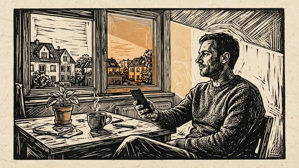 Person mit Smartphone in moderner Wohnung, entspannte Atmosphäre.
