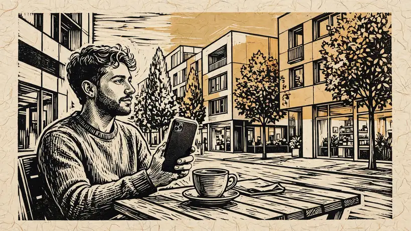Person mit Smartphone in einem deutschen Stadtcafé bei warmem Nachmittagslicht