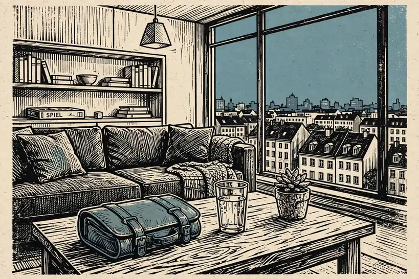 Abendliche Szene in einem deutschen Apartment, geschlossene Lederbox auf dem Tisch, ruhige Atmosphäre.
