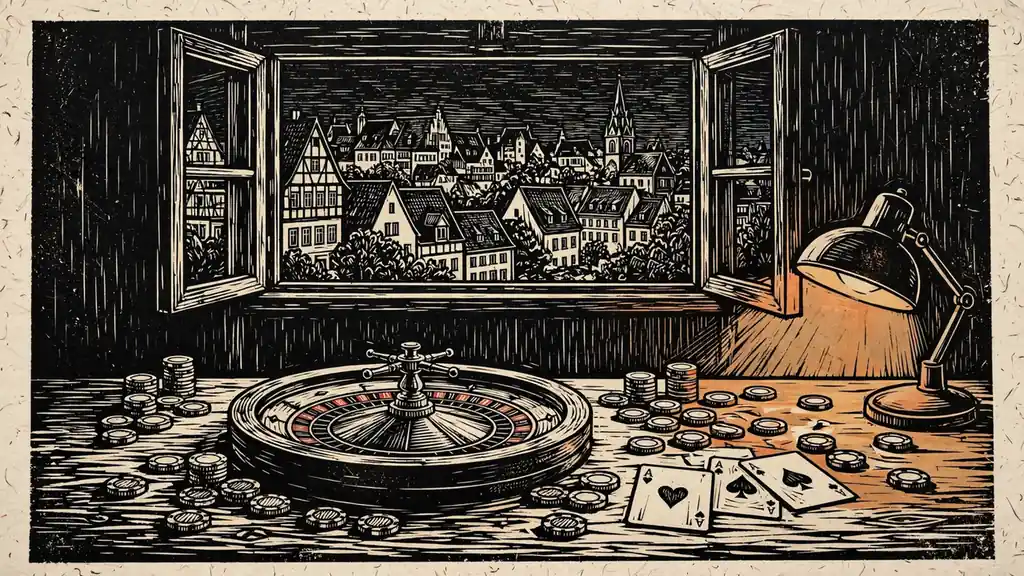 Holztisch mit Roulette und Spielchips vor einer Fensteröffnung zur deutschen Stadt bei Dämmerung