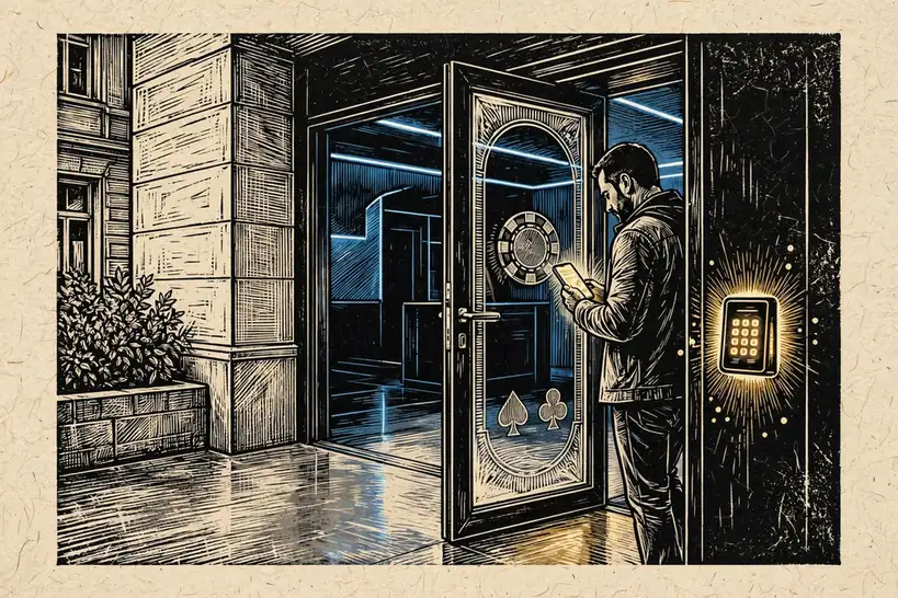 Moderner Casino-Lounge-Eingang mit Besucher und Smartphone, anonym und ohne Anmeldung.