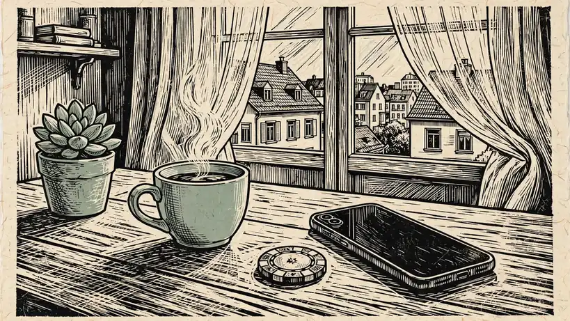 Smartphone auf einem Holztisch mit Spielchip und Kaffeetasse in einer deutschen Wohnung