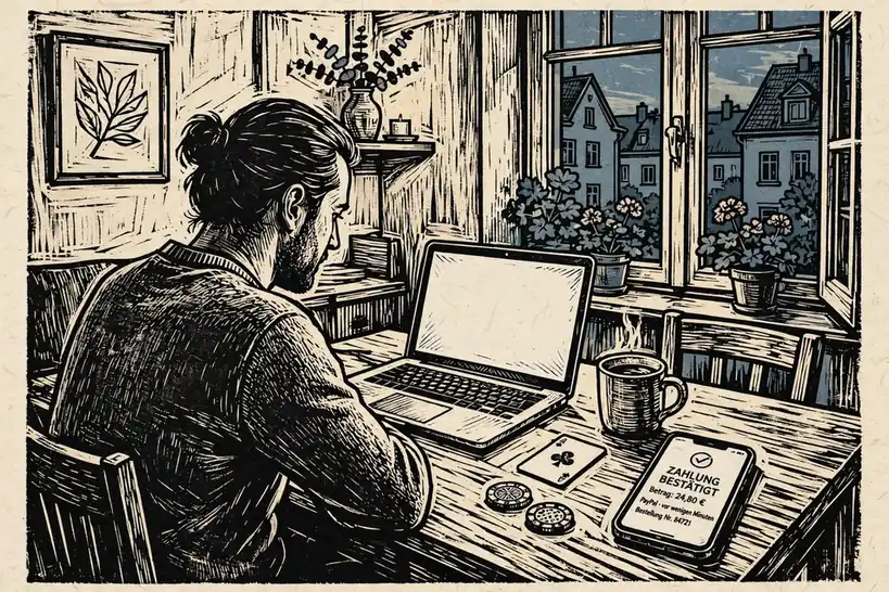 Abendliche Szene mit Laptop, Smartphone und Spielchips auf einem Holztisch in einer deutschen Wohnung.