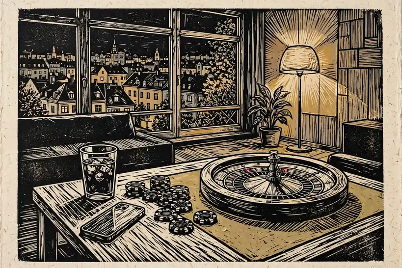 Abendliches Wohnzimmer in Deutschland mit Roulette, Spielchips und verdecktem Smartphone auf dem Tisch.