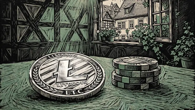 Litecoin-Münze auf Casino-Tisch neben Spielchips