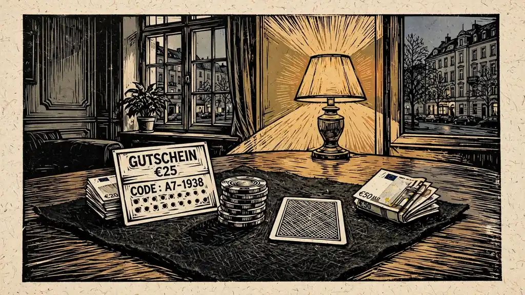 Gutscheincode neben Pokerchips und Spielkarte auf Holztisch