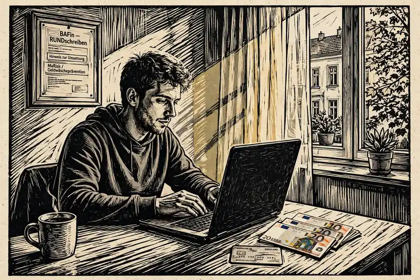 Junger Mann öffnet Laptop mit EC-Karte in Berliner Wohnung