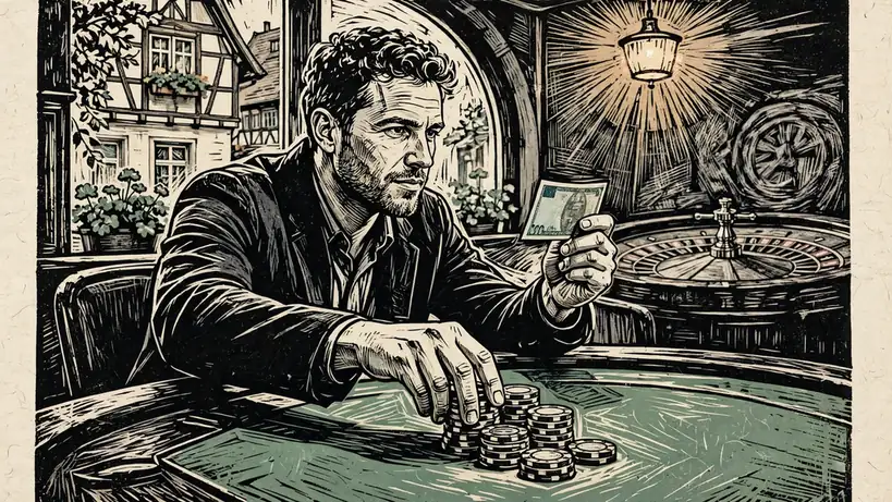 Spieler am Casino-Tisch, der Chips und Geldschein für 100-Prozent-Bonus platziert