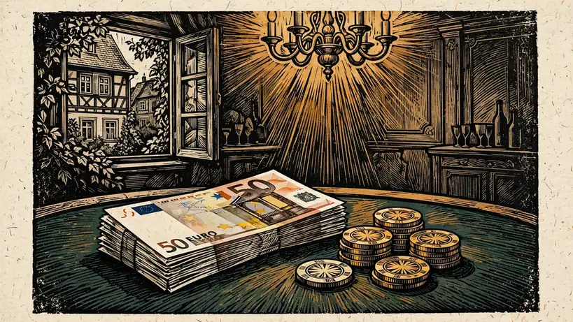 Euro-Scheine und goldene Casino-Chips auf grünem Spieltisch