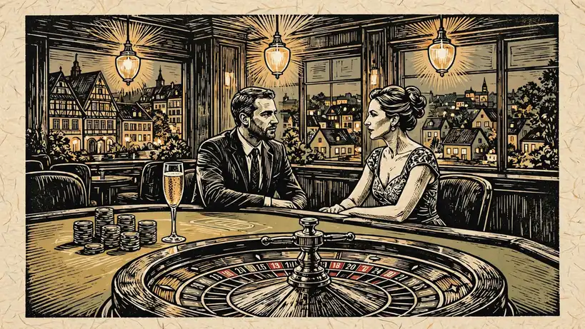 Klassische Casino-Lounge mit Roulette, gestapelten Chips und Gästen bei Sekt.