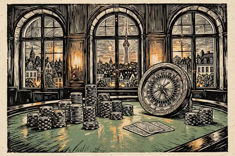 Grüner Spieltisch mit gestapelten Pokerchips, Roulette-Rad und verdeckten Karten, deutsche Stadtsilhouette durch Bogenfenster im Abendlicht.