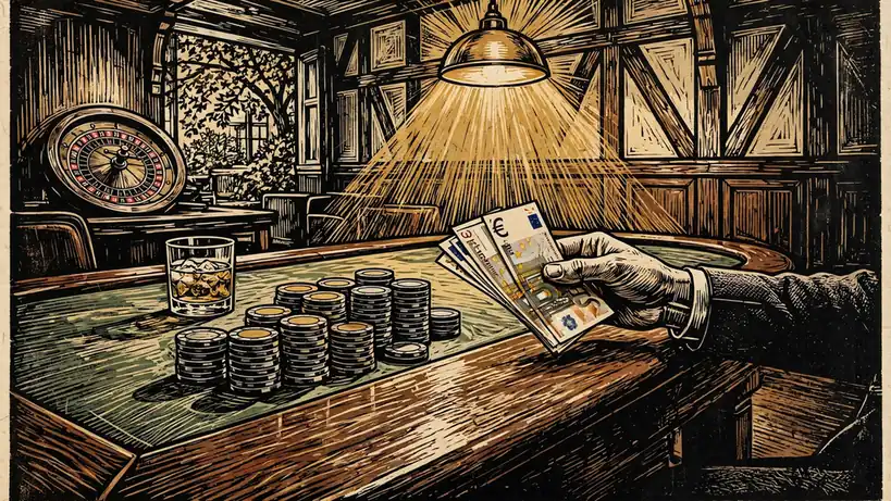 Stimmungsvolles Casino-Interieur mit Spieltisch, Pokerchips und Geldscheinen