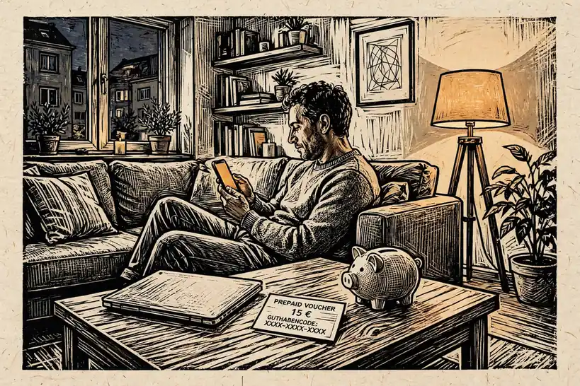 Person mit Smartphone und Prepaid-Gutschein auf dem Sofa