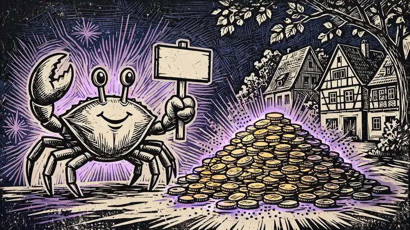 Maskottchen-Krabbe mit Goldmünzen als Bonus-Symbol im Online-Casino-Stil.