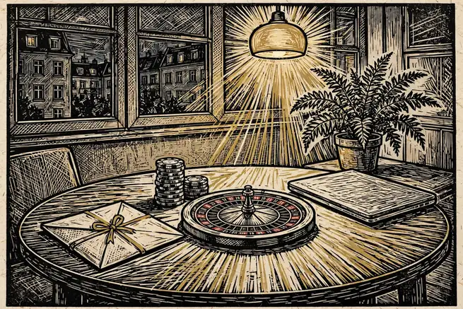 Abendliche Szene mit Spielchips, Roulette und Bonusbrief auf Holztisch