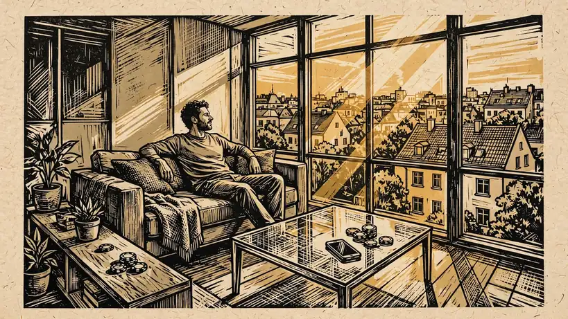 Helle moderne Wohnung in einer deutschen Stadt, Person auf dem Sofa mit Smartphone auf dem Glastisch